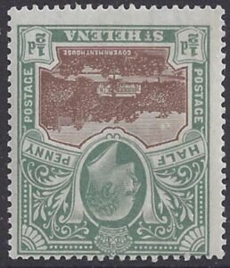 1903 St Helena. SG.55a  ½d brown & grey green. perf 14 watermark Crown CC inverted.lightly mounted mint.