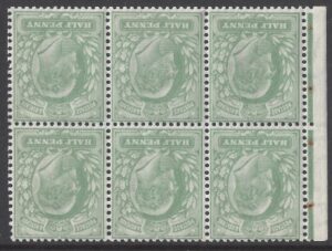 1906 DLR SG.218bw ½d yellowish green. booklet pane of 6 inverted watermark. good perfs. u/m (mnh).