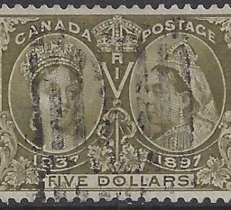 1897 Canada SG.140  Jubilee issue.  $5 olive green. lightly used with roller cancel.