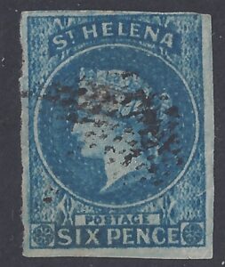 1856 St Helena SG1. 6d blue imperf 4 margins watermark Large Star. fine used.