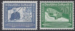 1938 Germany  SG.657-8 'AIR' Birth Centenary of Count Zeppelin. set 2 values U/M (MNH)