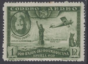 1930 Spain SG.650 1pts green Charles Lindbergh & Spirit of St Louis. Inverted Portrait. Lightly MM.