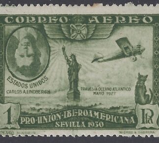 1930 Spain SG.650  1pts green Charles Lindbergh & Spirit of St Louis. Inverted Portrait.  Lightly MM.