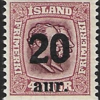 1922  Iceland  SG.143 Kings Christian IX and Frederik VIII  20a on 40a claret  U/M  (MNH)