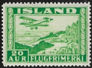 1934 Iceland SG.209a 'Air' 20a green perf 14 U/M (MNH)