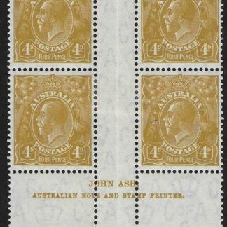 1933 Australia.  SG.129 KGV 4d yellow-olive  Ash imprint block of 4 (N over N) watermark 'C of A'  mounted mint (in gutter).