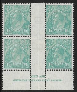 1932  Australia  SG.131  KGV 1/4d turquoise Ash Imprint block of 4 (N over A) mounted in gutter.