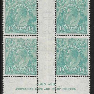 1932  Australia  SG.131  KGV 1/4d turquoise Ash Imprint block of 4 (N over A) mounted in gutter.