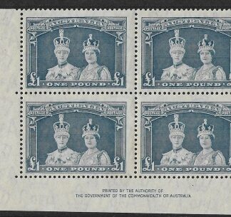 1938  Australia.  SG178  £1.00 Robes corner imprint block of 4 U/M (MNH)