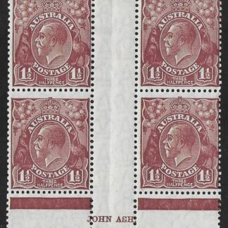 1930 Australia. SG.97  KGV 1½d red-brown  Ash Imprint block of 4 'damaged S in Ash) perf 13½ x 12½ U/M (MNH)