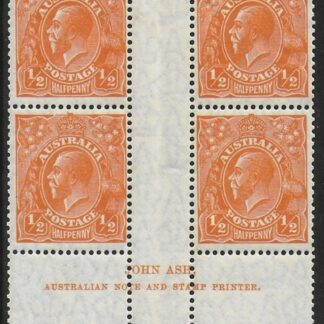 1928  Australia.  SG.94  KGV  ½d orange  perf 13½ x 12½ Ash imprint block of 4 variety break in top frame left of crown. U/M (MNH)