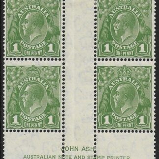 1932  Australia.  SG.125  KGV 1d green  perf 13½ x 12½  Ash Imprint block of 4 'Sans Serif font'  Mounted in gutter.