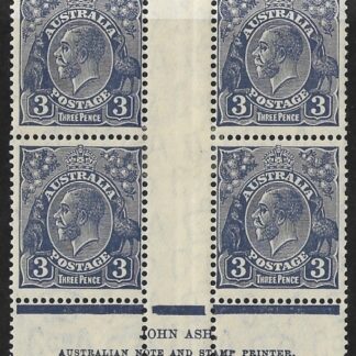 1932  Australia.  SG.128  KGV 3d ultramarine Ash Imprint Block of 4  (N over A) mounted in gutter.