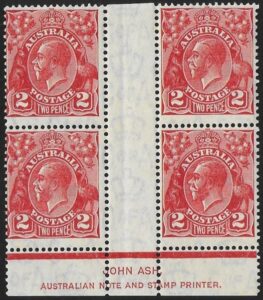 1931  Australia.  SG.127  KGV 2d Golden Scarlet. Die III block of 4U/M (MNH)