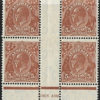 1932  Australia.  SG.130  KGV 5d orange-brown  Ash Imprint block of 4 mounted in gutter.