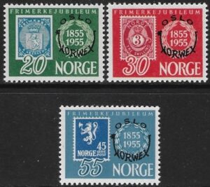 1955 Norway SG.455-7 Stamp Centenary & International Stamp Exhibition Oslo overprinted. set 3 values U/M (MNH)