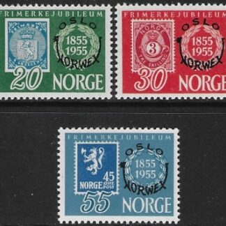 1955 Norway  SG.455-7  Stamp Centenary & International Stamp Exhibition Oslo  overprinted.  set 3 values U/M (MNH)