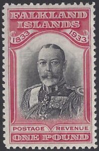 1933 Falkland Islands.  SG.138  £1 black & carmine - KGV Centenary. lightly mounted mint. (click to view back)