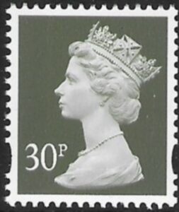 Y1694  30p 2B  deep olive grey.  blue fluor. ex GGA1-2 Walsall  U/M (MNH)