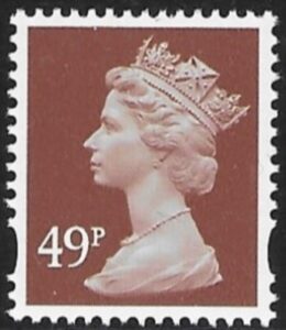 Y1725  49p 2B  red-brown. blue fluor ex sheet.  DLR   U/M (MNH)