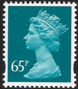 Y1734  65p  2B  greenish-blue. blue fluor. ex sheet  DLR  U/M (MNH)
