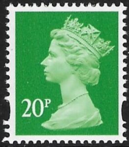 Y1687  20p 2B bright green. blue fluor ex sheet  DLR U/M (MNH)