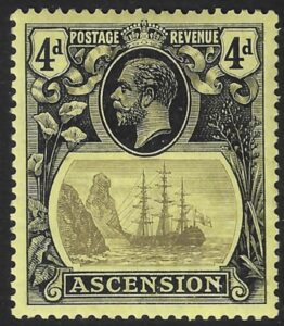 1924 Ascension KGV SG.15b 4d grey-black & black/yellow variety 'Torn Flag' M/M