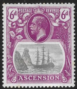 1924 Ascension KGV SG.16b 6d grey-black & bright purple variety 'Torn Flag' M/M