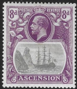 1924 Ascension KGV SG.17a 8d grey-black & bright violet. variety 'Broken Mainmast' M/M