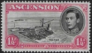1938 Ascension. SG.40ddb. 1½d black & rose-carmine perf 14. with variety 'cut mast & railings. very lightly mounted mint.