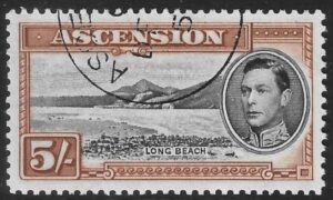 1938-53 Ascension. SG.46a 5s. black & yellow-brown perf 13 Vfu.