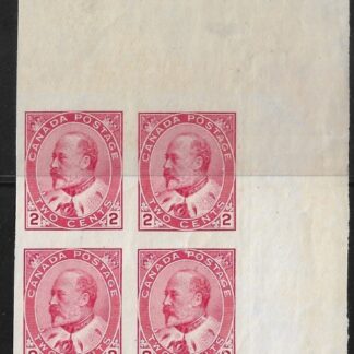1909 Canada  SG.177a 2c pale rose carmine imperf block of 4 with RPS certificate. U/M (MNH)