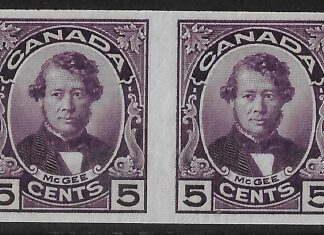 1927 Canada SG.271 5c violet  imperf pair with RPS certificate 205947. U/M (MNH)