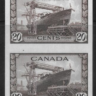 1942 Canada SG.386 (Unitrade 260a) 20c chocolate imperf pair. U/M (MNH)