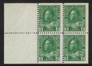 1922  Canada  SG.247aa  2c deep green booklet pane of 4 + 2 labels  U/M (MNH)