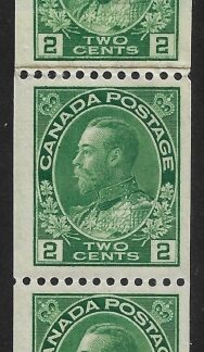 1924  Canada  SG.262  2c deep green perf 12 x imperf strip of 3 with coil join (with RPS cert.) U/M (MNH)