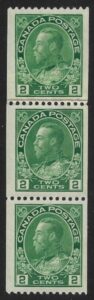 1924 Canada SG.262 2c deep green perf 12 x imperf strip of 3 with coil join (with RPS cert.) U/M (MNH)
