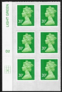 U2924 20p Green M15L Cyld. D2  grid position R3 C2  DLR  U/M (MNH)