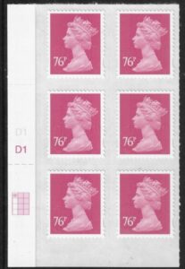 U2927  76p bright rose  M11L  cyld. D1  grid position R1 C1  DLR U/M (MNH)