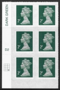 U2921  2p 2B deep green M15L  cyld. D2  grid position R4  C3  DLR  U/M (MNH)