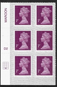 U2920 1p 2B deep crimson M17L cyld. D2 grid position R4 C2 SBP L/s DLR U/M (MNH)