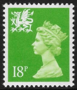 W49 18p RB bright green ex DX15 Questa U/M (MNH)