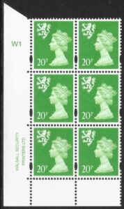 S 90  Scotland  20p CB bright green  cyld. W1 W1  Walsall  U/M (MNH)
