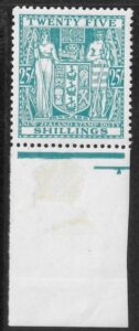 New Zealand - Arms  F159  25s greenish blue marginal example. very lightly mounted mint.