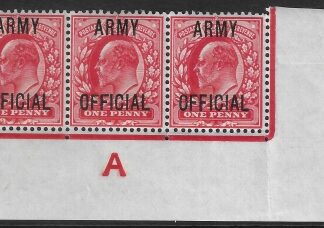 Great Britain  SG.O49 1d scarlet  overprinted ARMY OFFICIAL control A corner strip of 3  U/M (MNH)