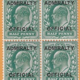 Great Britain  SG.O101  ½d blue-green overprinted ADMIRALTY OFFICIAL  (type O10) block of 4 U/M (MNH)