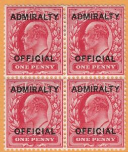 Great Britain  SG.O102 1d scarlet overprinted ADMIRALTY OFFICIAL  (type O10) block of 4 (top stamps lightly mounted).