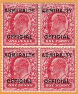 Great Britain  SG.O108  1d scarlet overprinted ADMIRALTY OFFICIAL  (type O11) block of 4  top 2 stamps mounted