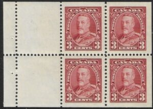 1935 Canada  SG.343a  3c scarlet booklet pane of 4 + 2 labels U/M (MNH)