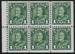 1931 Canada SG.289b 1c green booklet pane of 6 U/M (MNH)